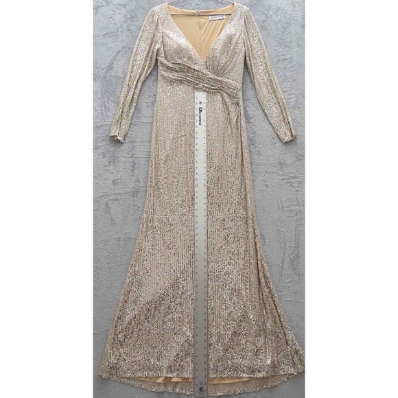 MAC DUGGAL IEENA Sequined Faux Wrap Long Sleeve Gown Size 8 NWT Nude Silver 0064 - Picture 15 of 16